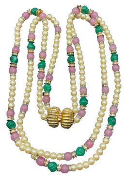 30" Necklace Imitation Pearl Green Pink Beads Gold Tone Box Clasp VTG Preppy